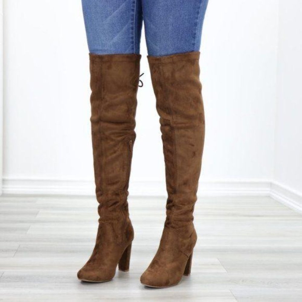 Suede Over The Knee Heeled Boots With Lace Up Back - Picture 13 of 13